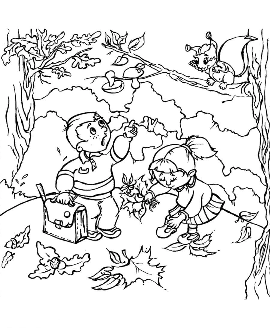 Kolorowanka dzieci zbierają liście